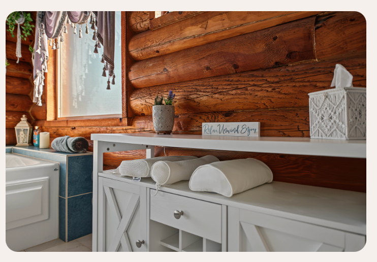 Blue bathroom with dual vessel sinks and Hollywood vanity mirror — Kanab vacation rental