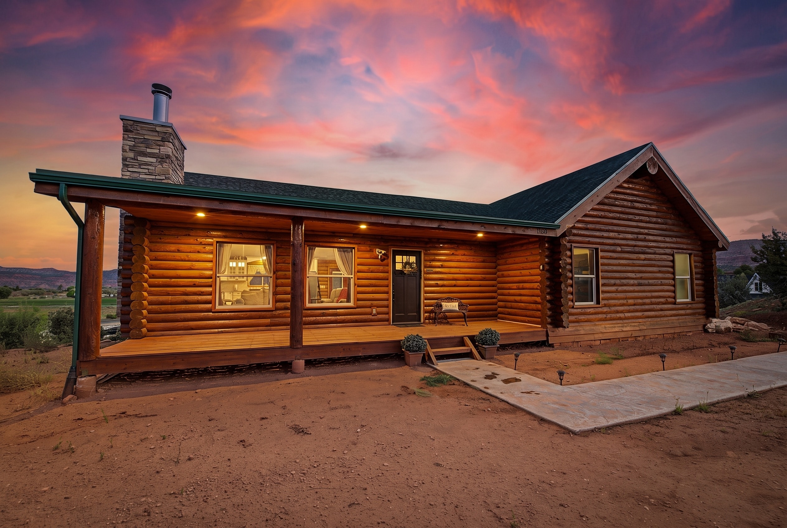 Kanab real estate exterior photography — log cabin at sunset with porch
