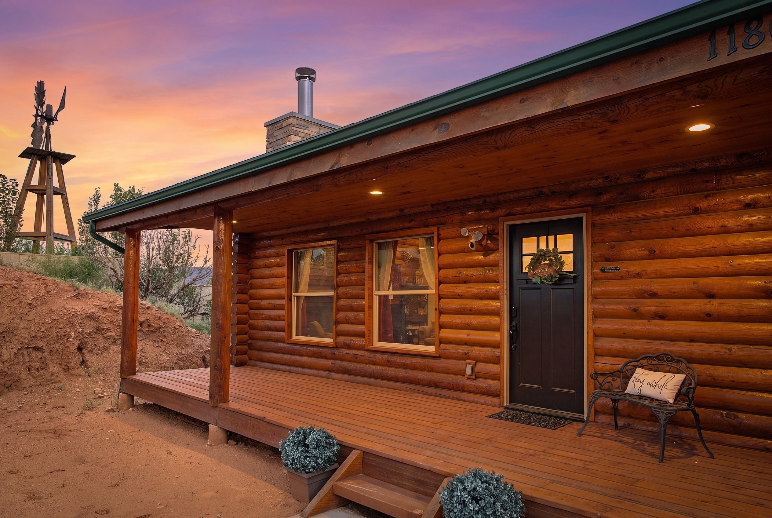 Rustic log cabin porch at sunset — Kanab vacation rental photography