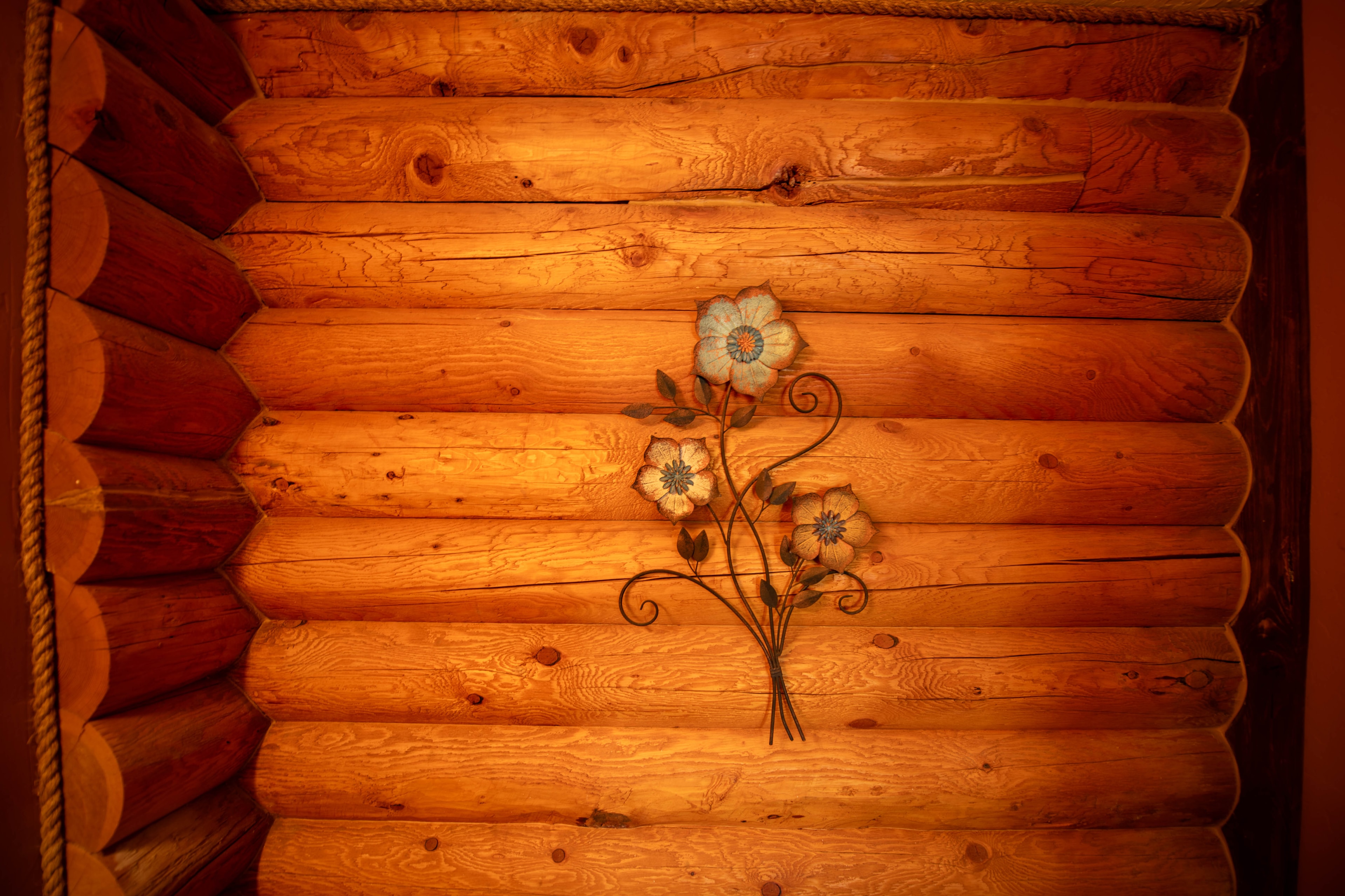 Log cabin wall detail with decorative metal art — Kanab vacation rental